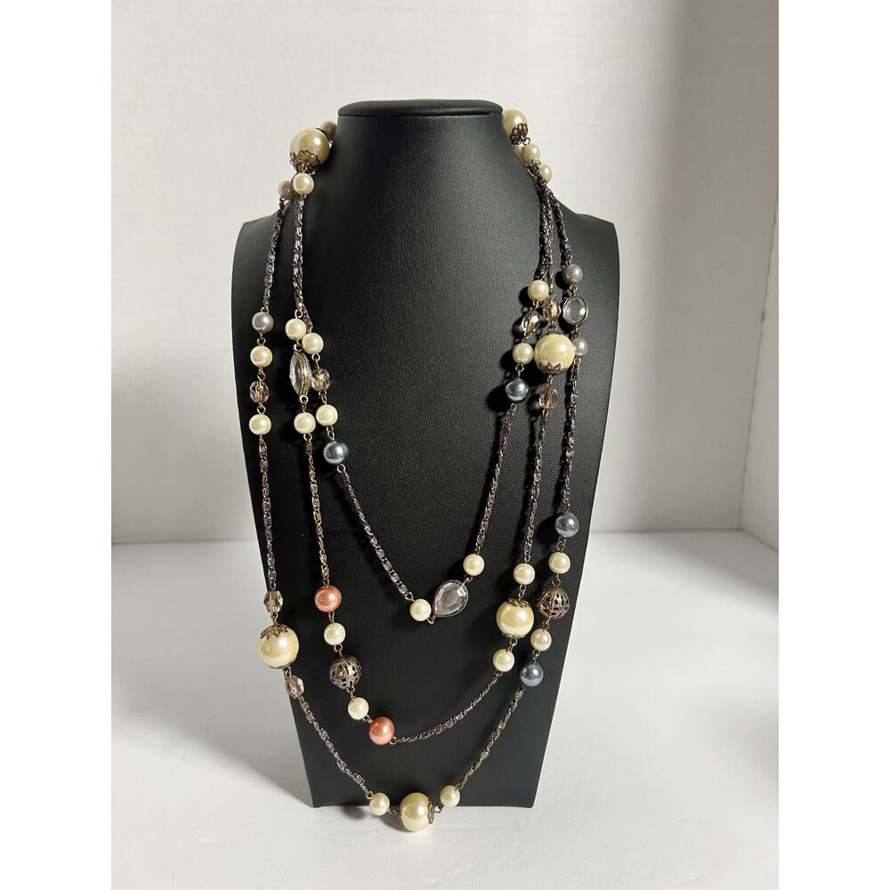 Vintage Necklace Faux Pearls Faceted Gray Beads Ornate 72” L